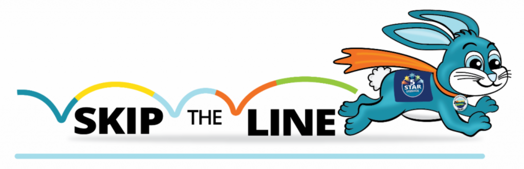 image shows cartoon of a rabbit with the tag line of skip the line